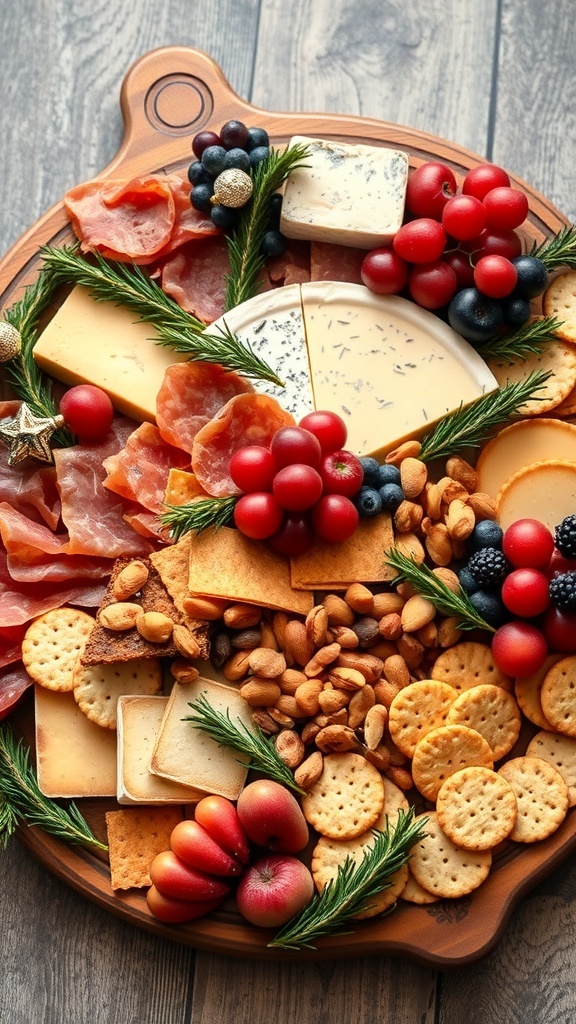 A festive charcuterie board with meats, cheeses, fruits, and holiday decorations.